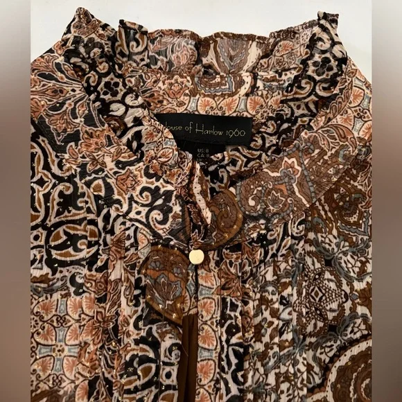 House Of Harlow 1960 Dress Boho Long Sleeve Mini Dress Brown Gold Sparkle size 8 - Picture 11 of 16